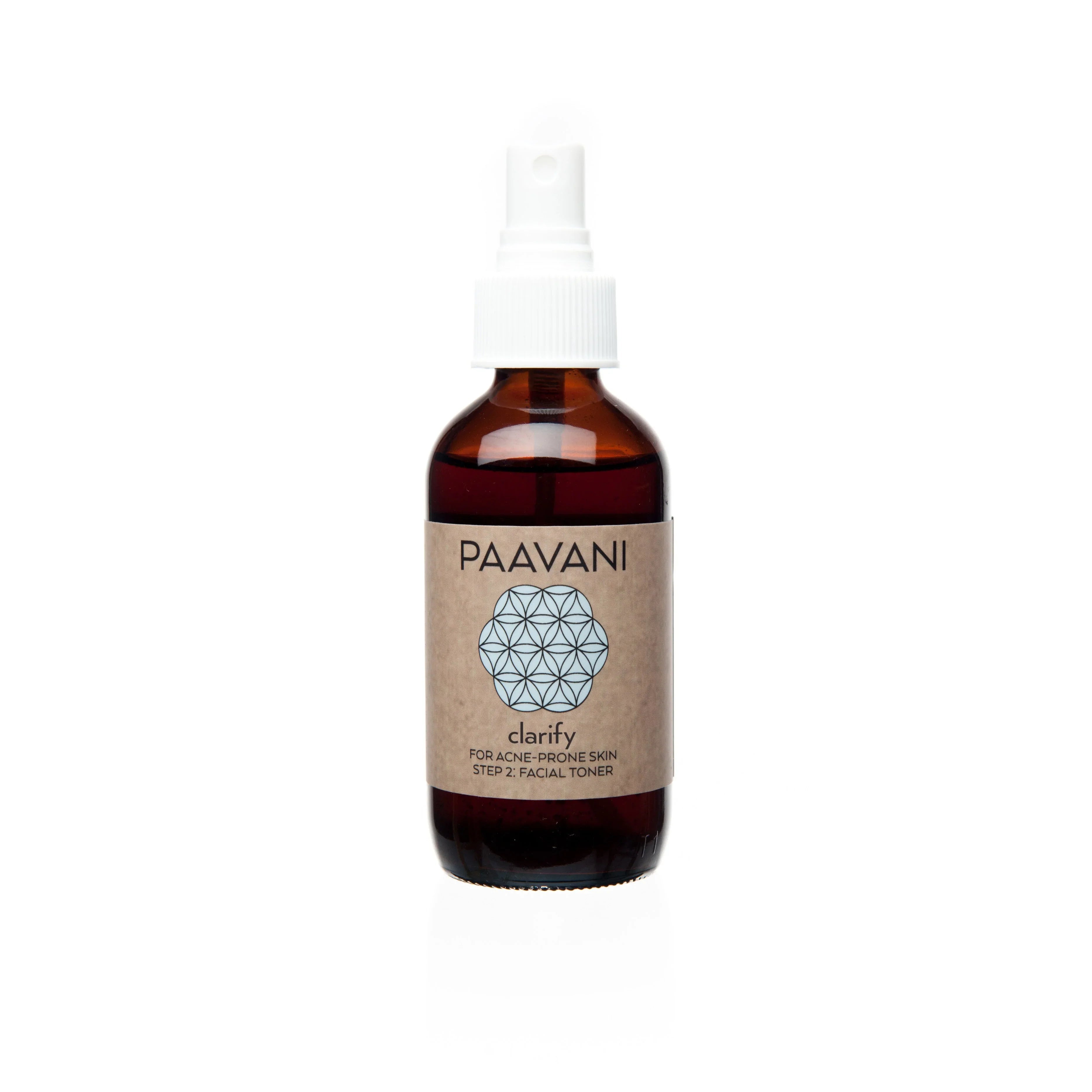 PAAVANI Clarify facial toner spray bottle for acne-prone skin against white background