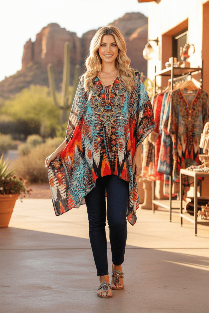 Stylish Rhinestone Lace-Up V-Neck Women's Caftan Poncho Cover-Up by Sakkas Aymee - Qu!rk Boutique