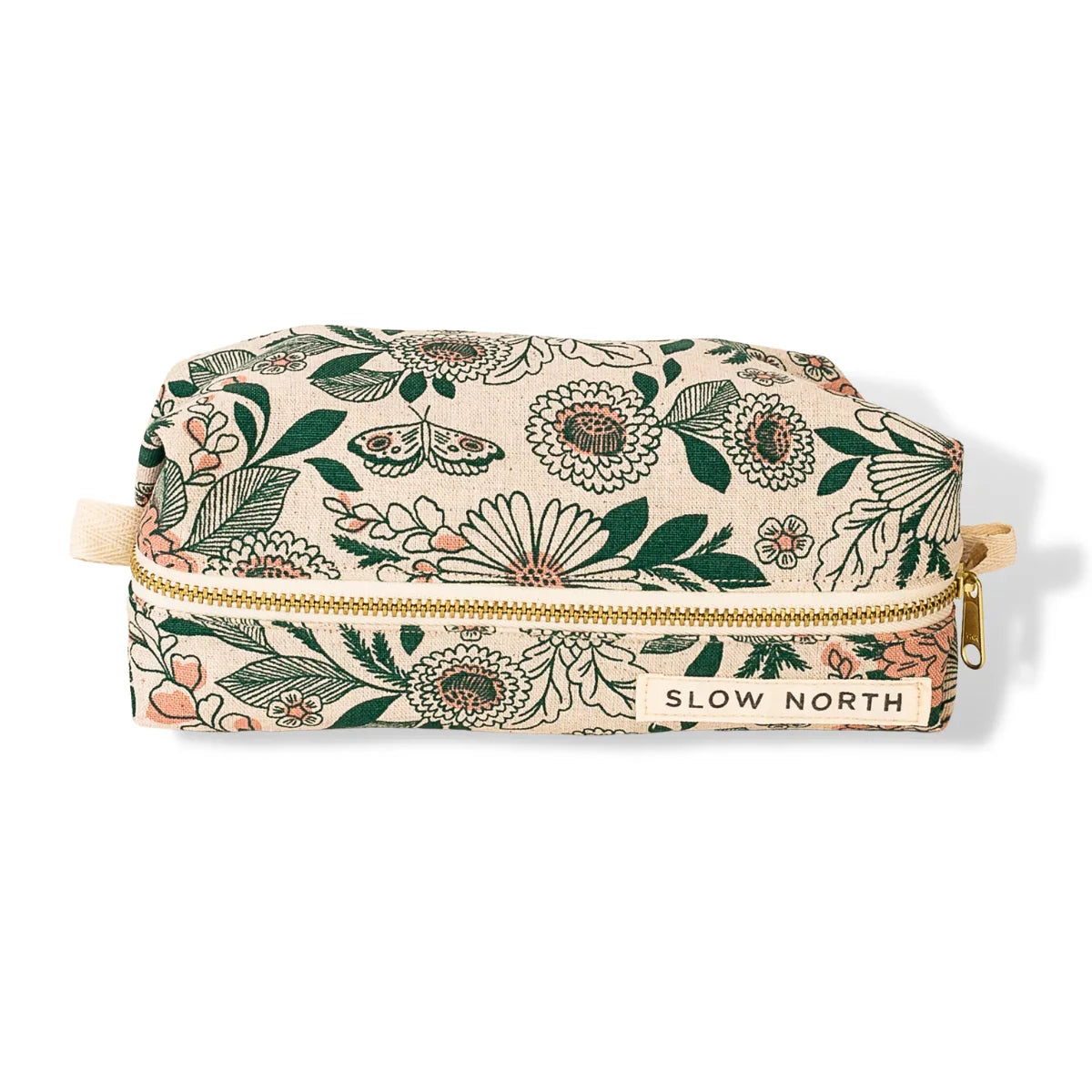 Slow North Travel Pouch in cream with green and peach floral print and gold zipper