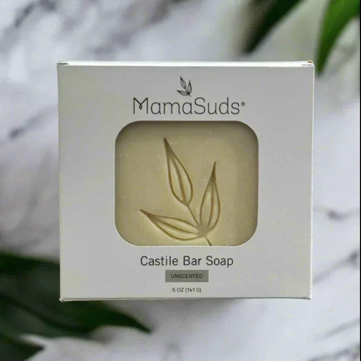 MamaSuds Castile bar soap in eco-friendly box on marble surface, Qu!rk Boutique product