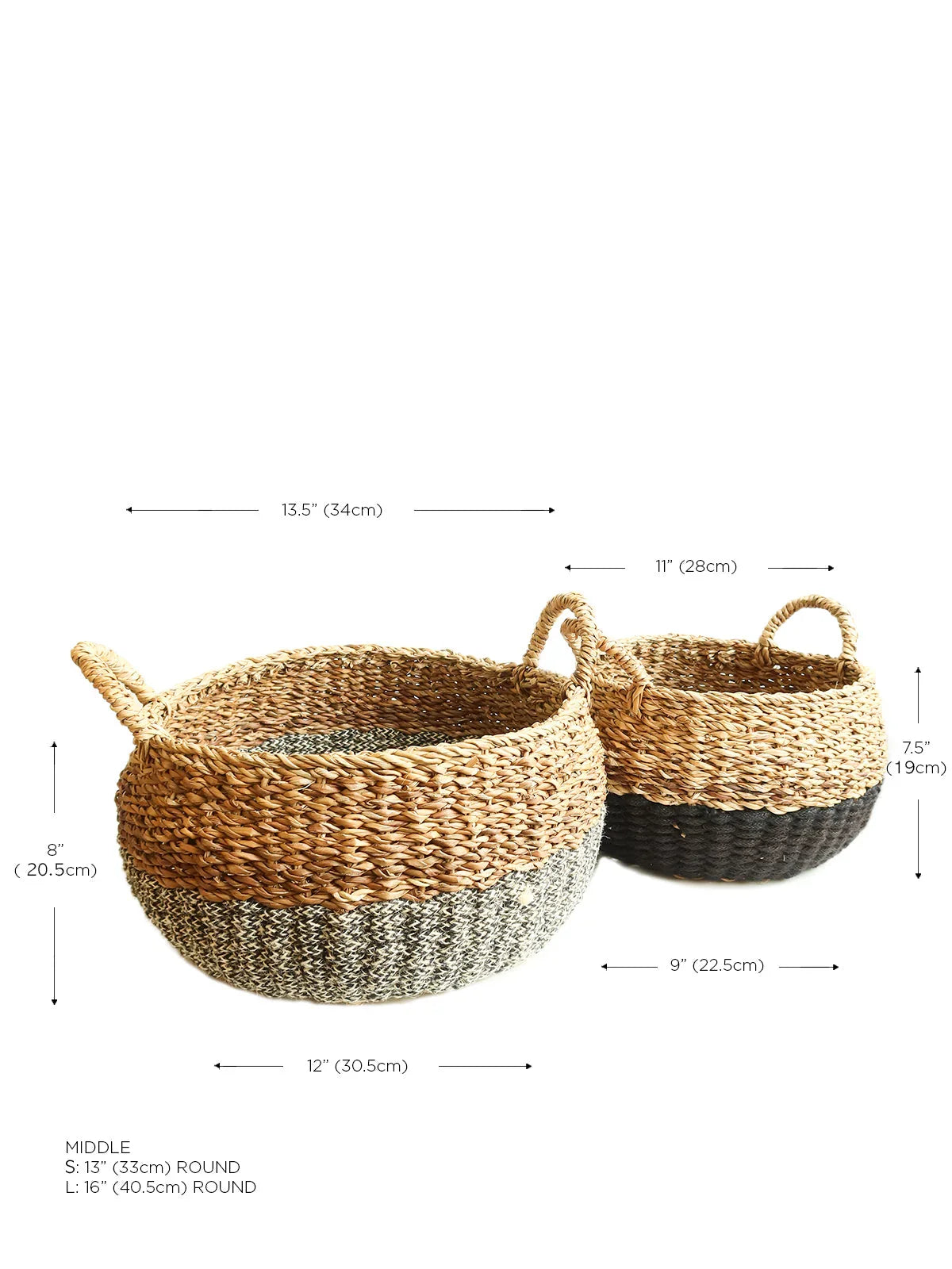 Two round woven storage baskets with handles, one in natural and grey tones, the other in natural and black, with size measurements
