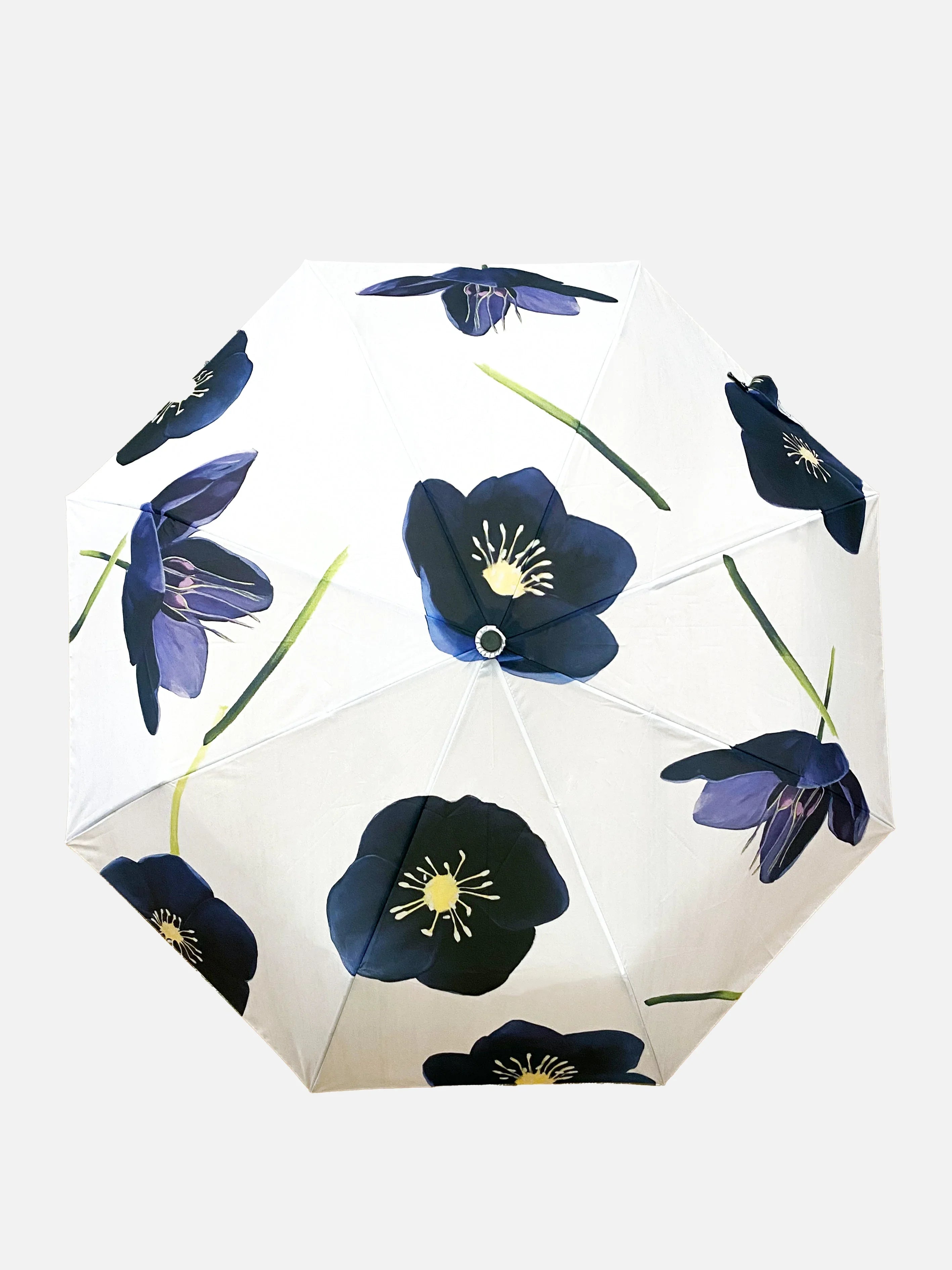 White umbrella with large black hellebore flower prints and green stems, top view
