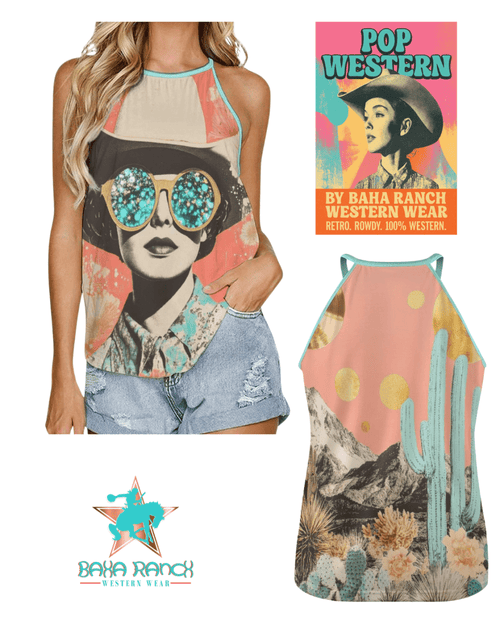 Baha Ranch Turquoise Cowgirl Retro Pop Western Tank Top - Qu!rk Boutique