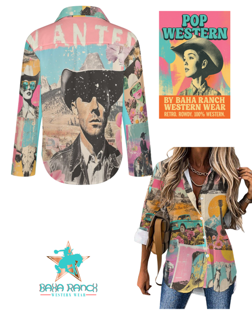 Baha Ranch Pop Western Wanted Button Up Blouse - Qu!rk Boutique