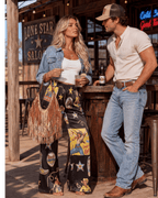 Baha Ranch Vintage Cowgirl Collage High Waisted Wide Leg Pants Inclusive Sizing - Qu!rk Boutique