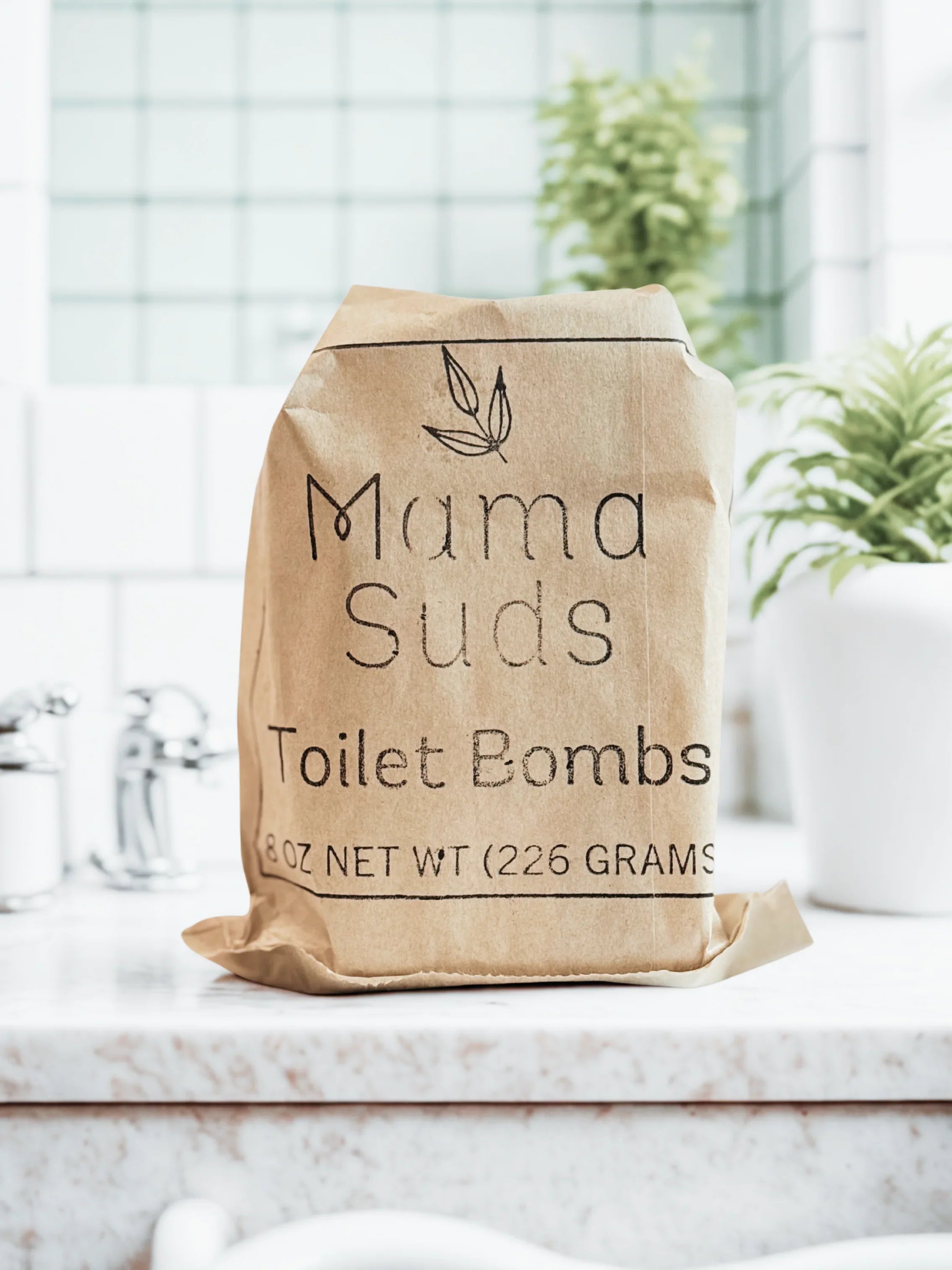 Mama Suds Toilet Bombs eco-friendly paper bag on a bathroom counter with plants.