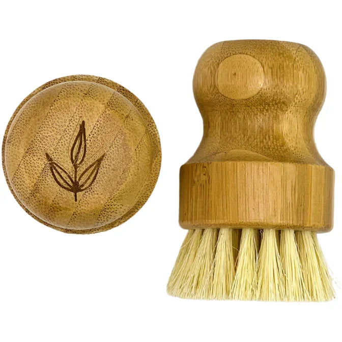 Eco-friendly bamboo dish brush with natural bristles and engraved leaf design, Qu!rk Boutique