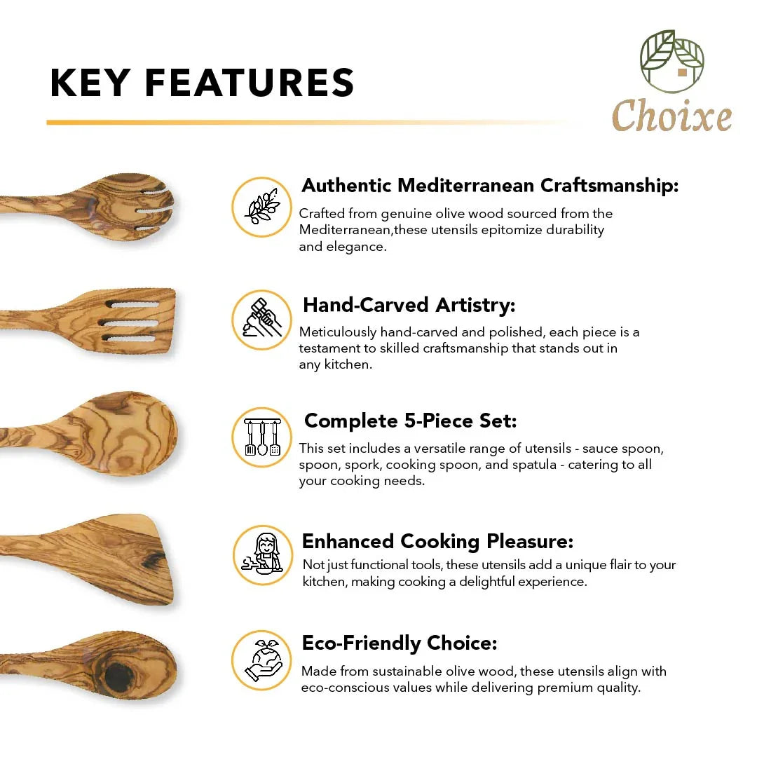 5-piece set of hand-carved olive wood kitchen utensils including spoon, spork, spatula, and cooking tools