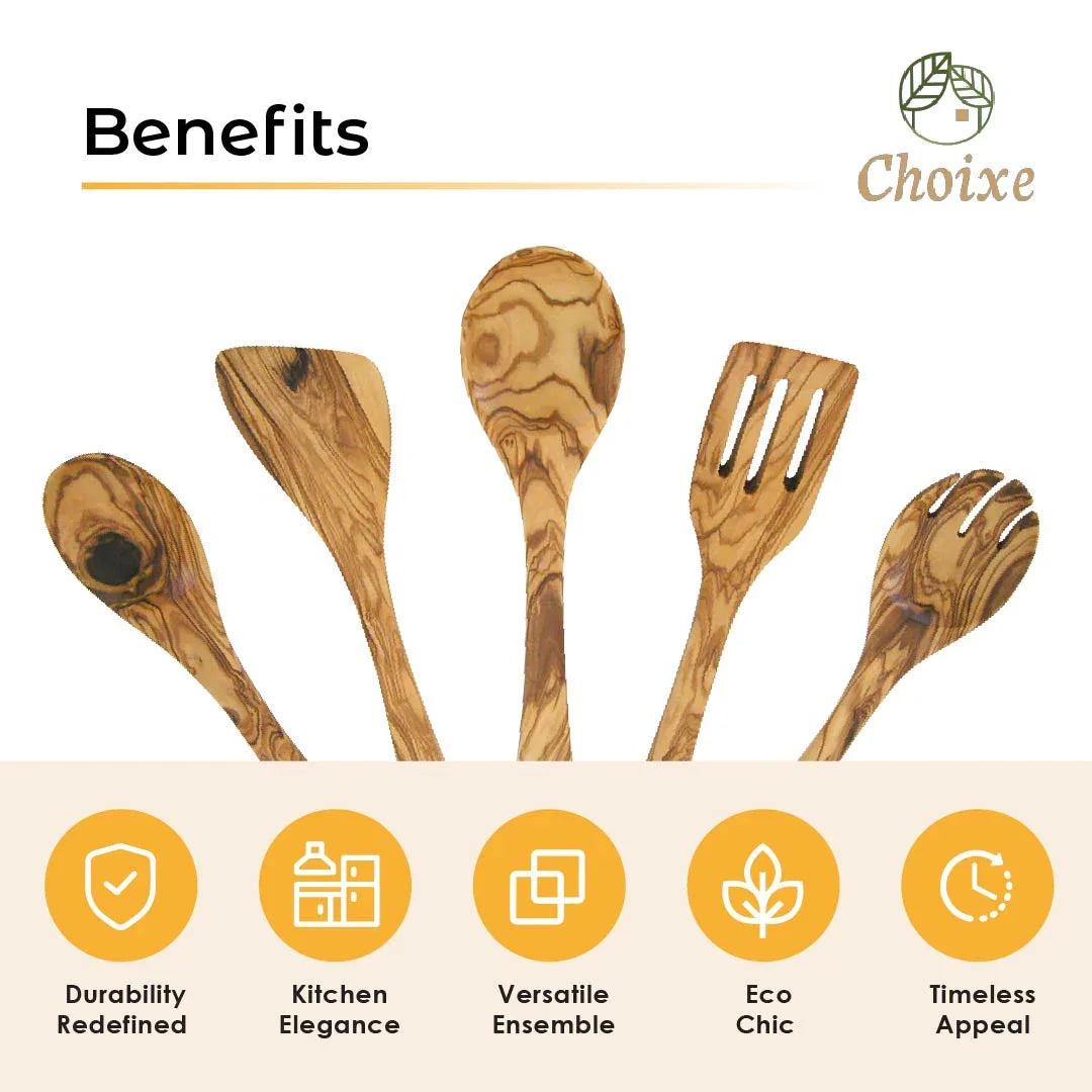 Set of five wooden kitchen utensils with natural grain, featuring spoons and spatulas
