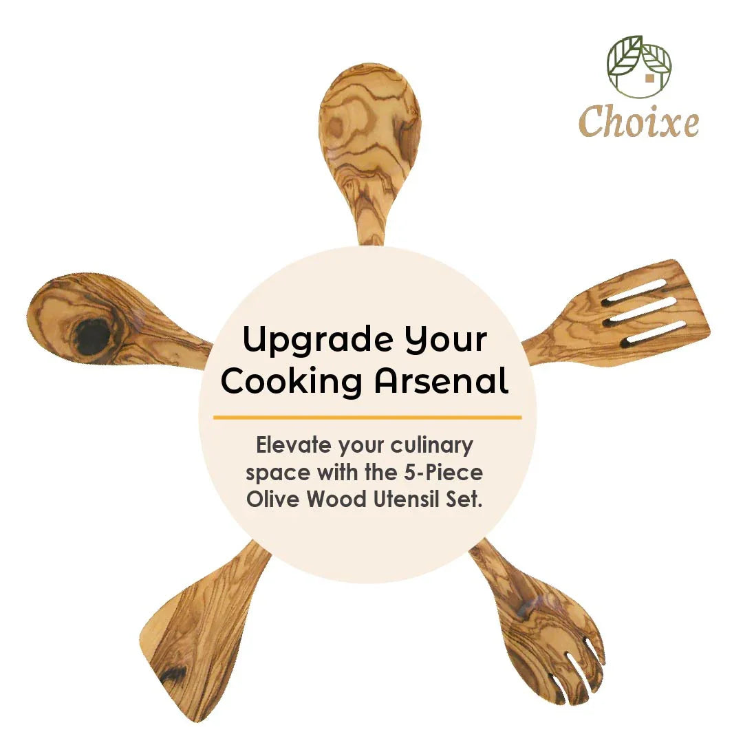 5-piece olive wood cooking utensils set arranged in a circle with text promoting kitchen upgrade