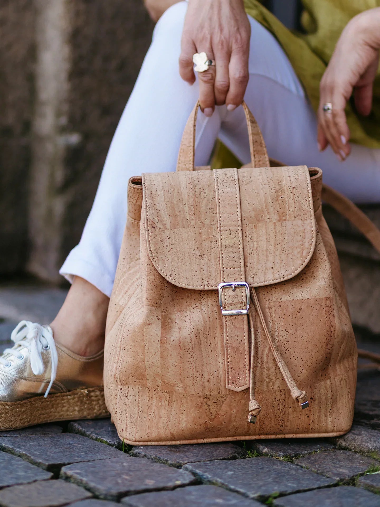 Sustainable cork backpack on cobblestone, femme-fit style from Qu!rk Boutique