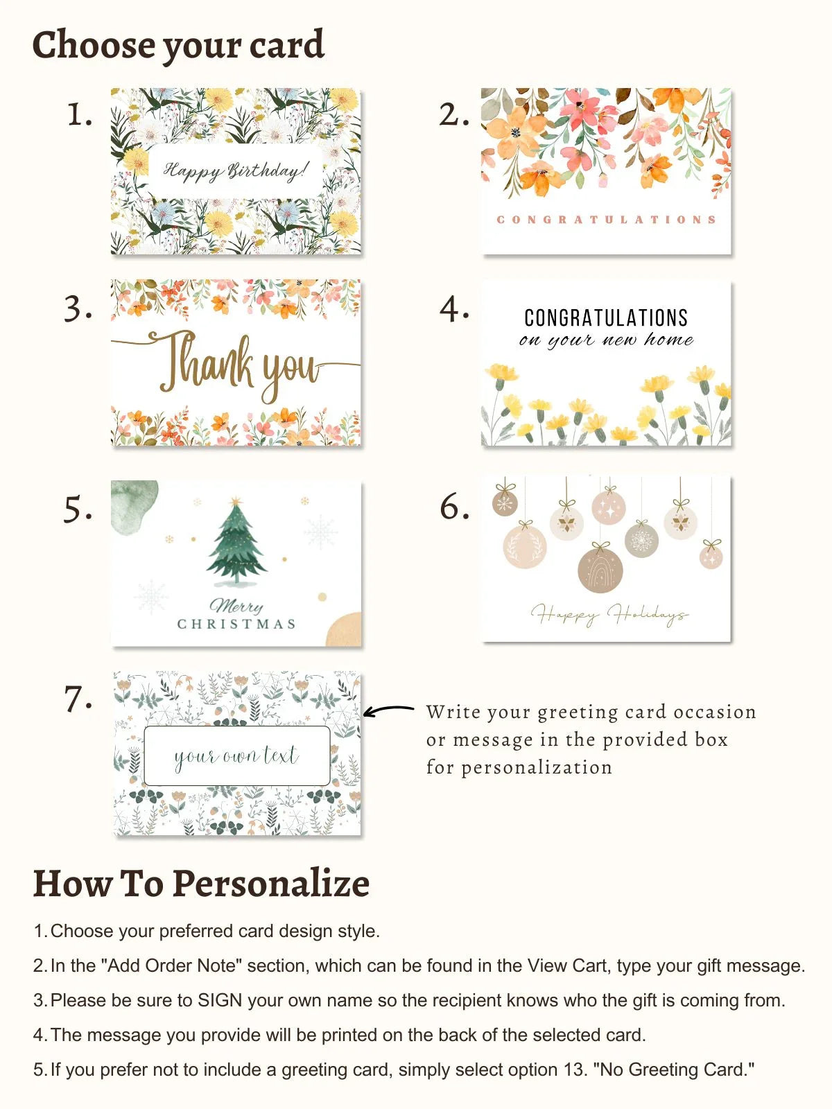 A selection of seven floral and holiday greeting card designs with messages like Happy Birthday, Congratulations, Thank You, Merry Christmas, and customizable text.