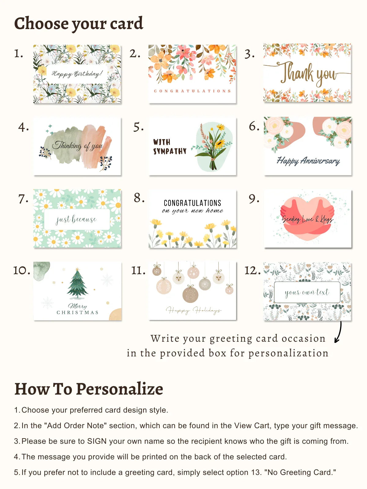 Floral themed greeting card options with messages like Happy Birthday, Thank You, Sympathy, Anniversary, Christmas, and customizable cards