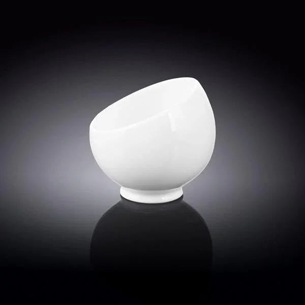 Modern tilted white porcelain bowl on dark reflective background, Qu!rk Boutique giftware
