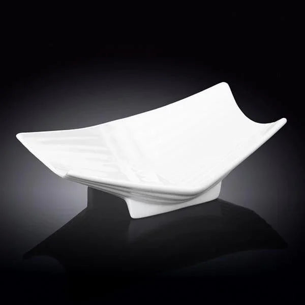 Modern square white ceramic bowl with curved edges on black background, Qu!rk Boutique decor
