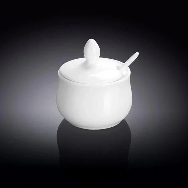 White ceramic sugar bowl with lid and spoon on black background, Qu!rk Boutique giftware