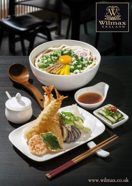 Japanese tempura with udon noodle soup on elegant white plates, Wilmax England tableware