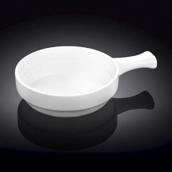 White ceramic handled bowl on black background, Qu!rk Boutique kitchenware.