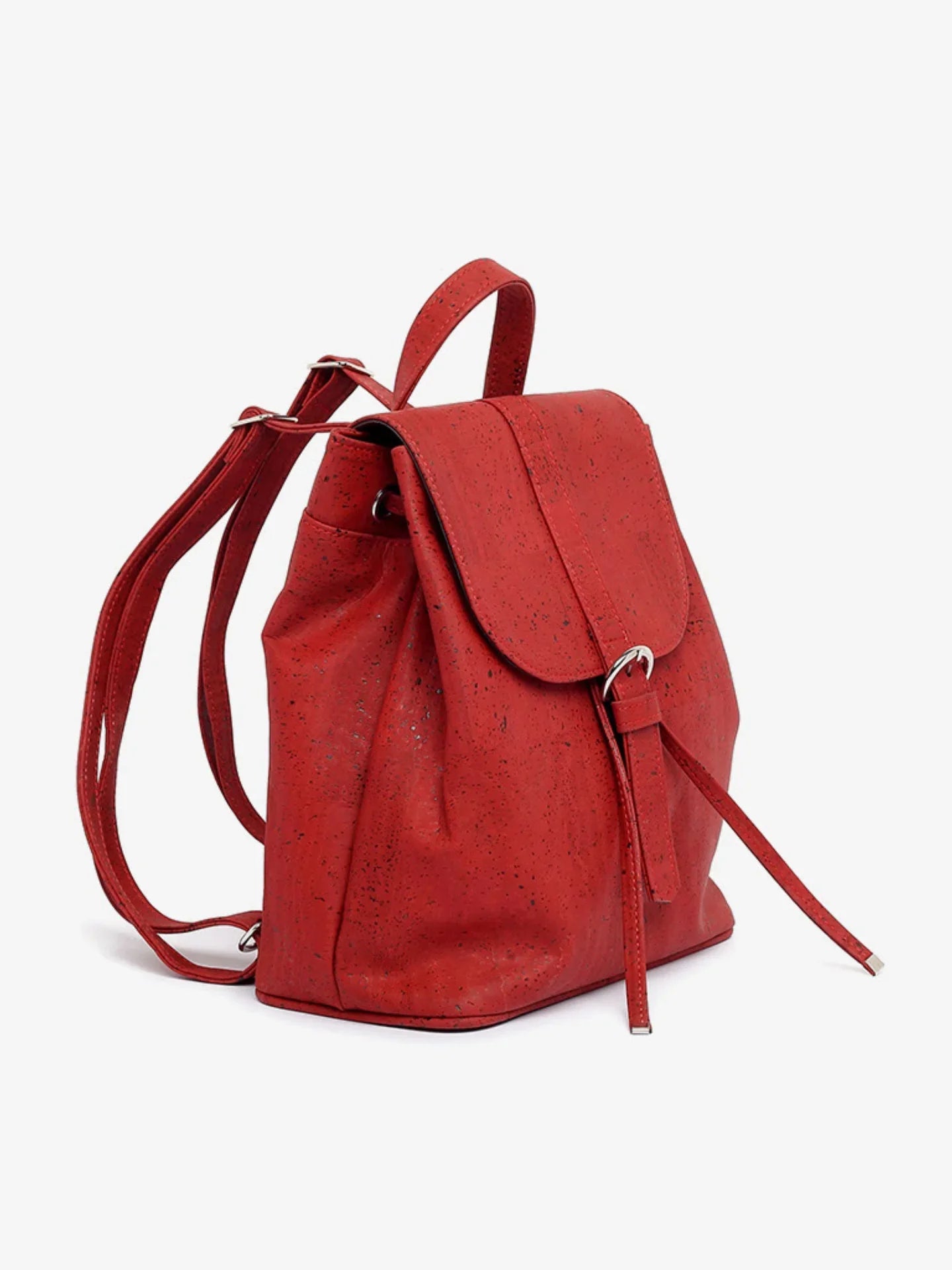 Red cork backpack with adjustable straps, eco-friendly design, photographed on white background