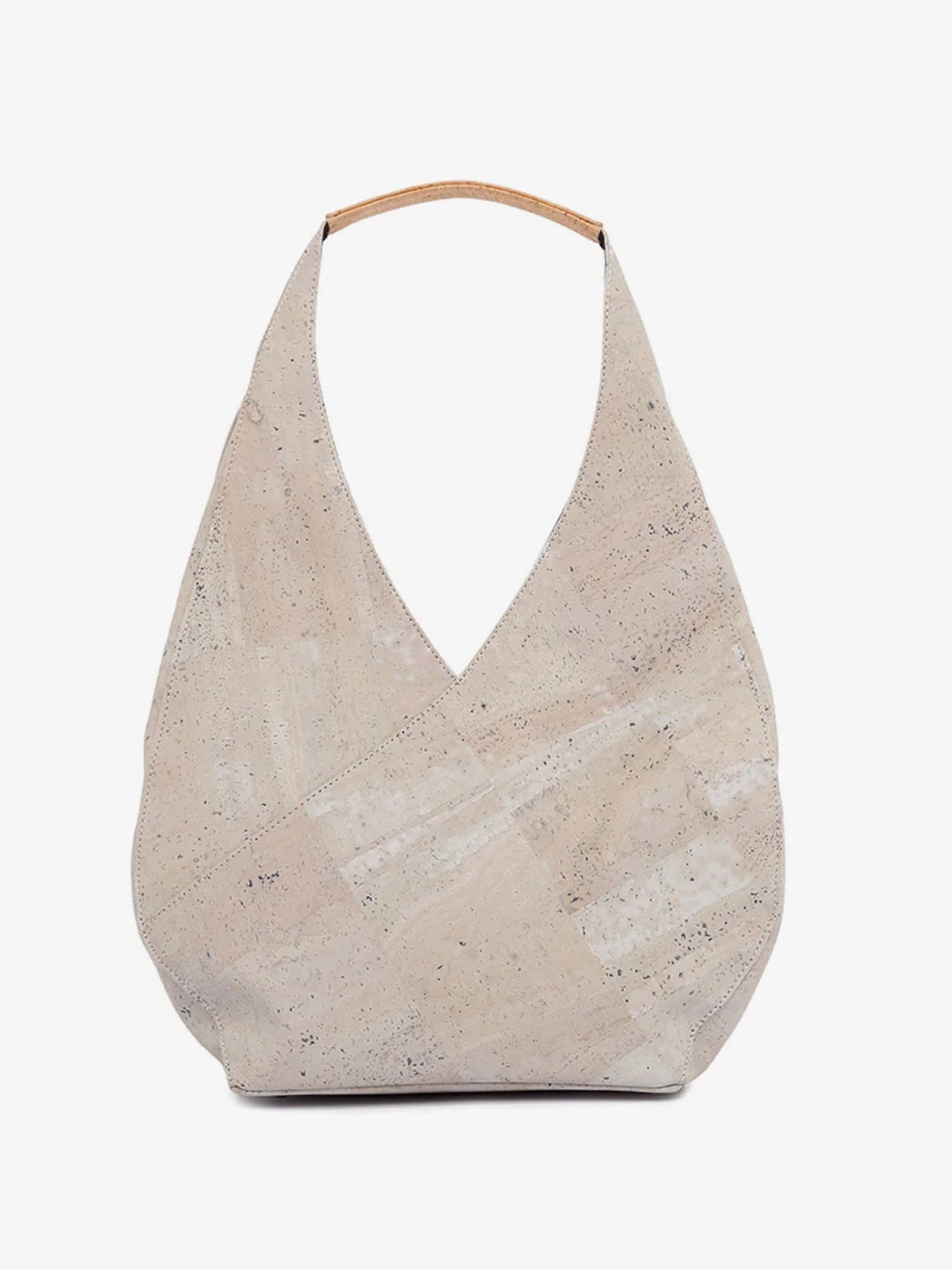 Sustainable beige cork hobo bag with a curved handle, artist-designed at Qu!rk Boutique.