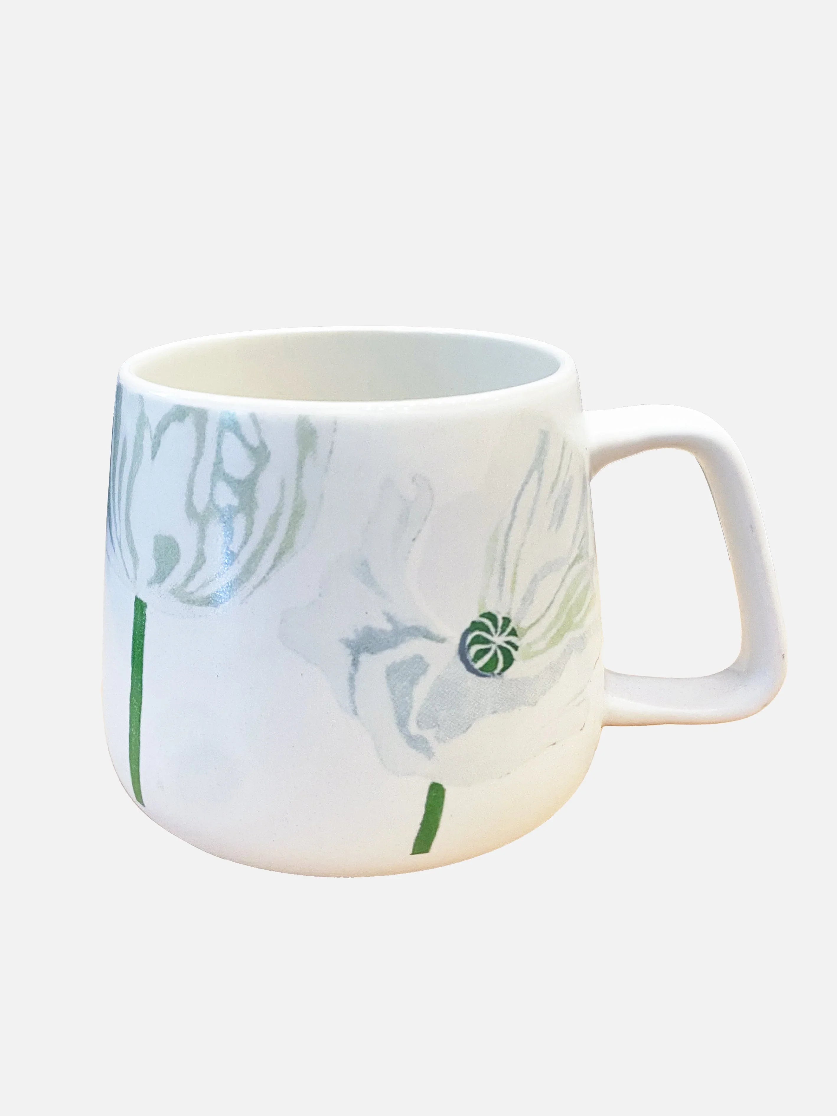 White ceramic mug with delicate white poppy flower design and green stems