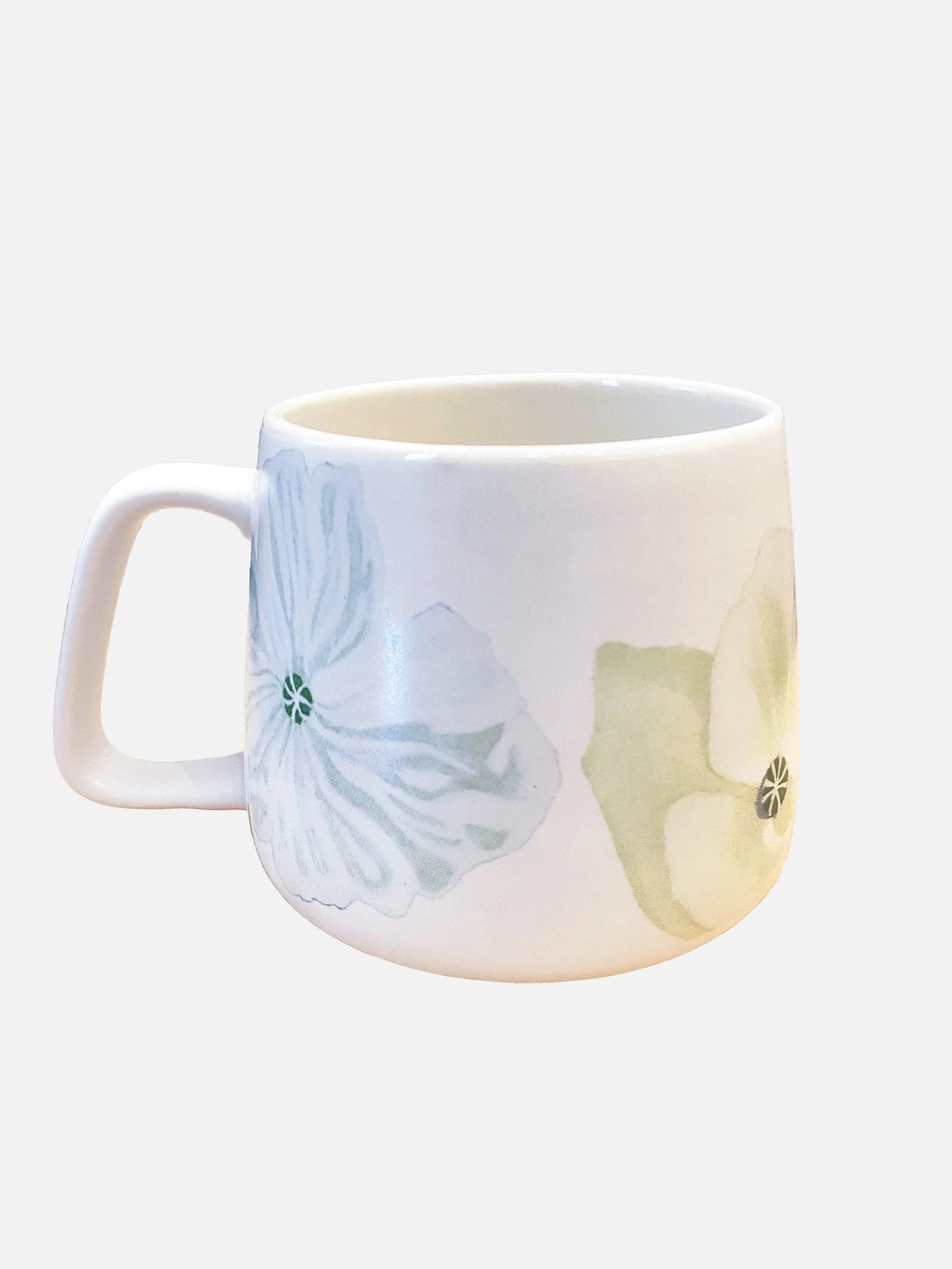 White ceramic mug with soft pastel blue and yellow poppy flower designs