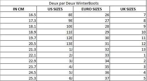 Deux par Deux WinterBoots size chart showing US, Euro, and UK conversions for Qu!rk Boutique.