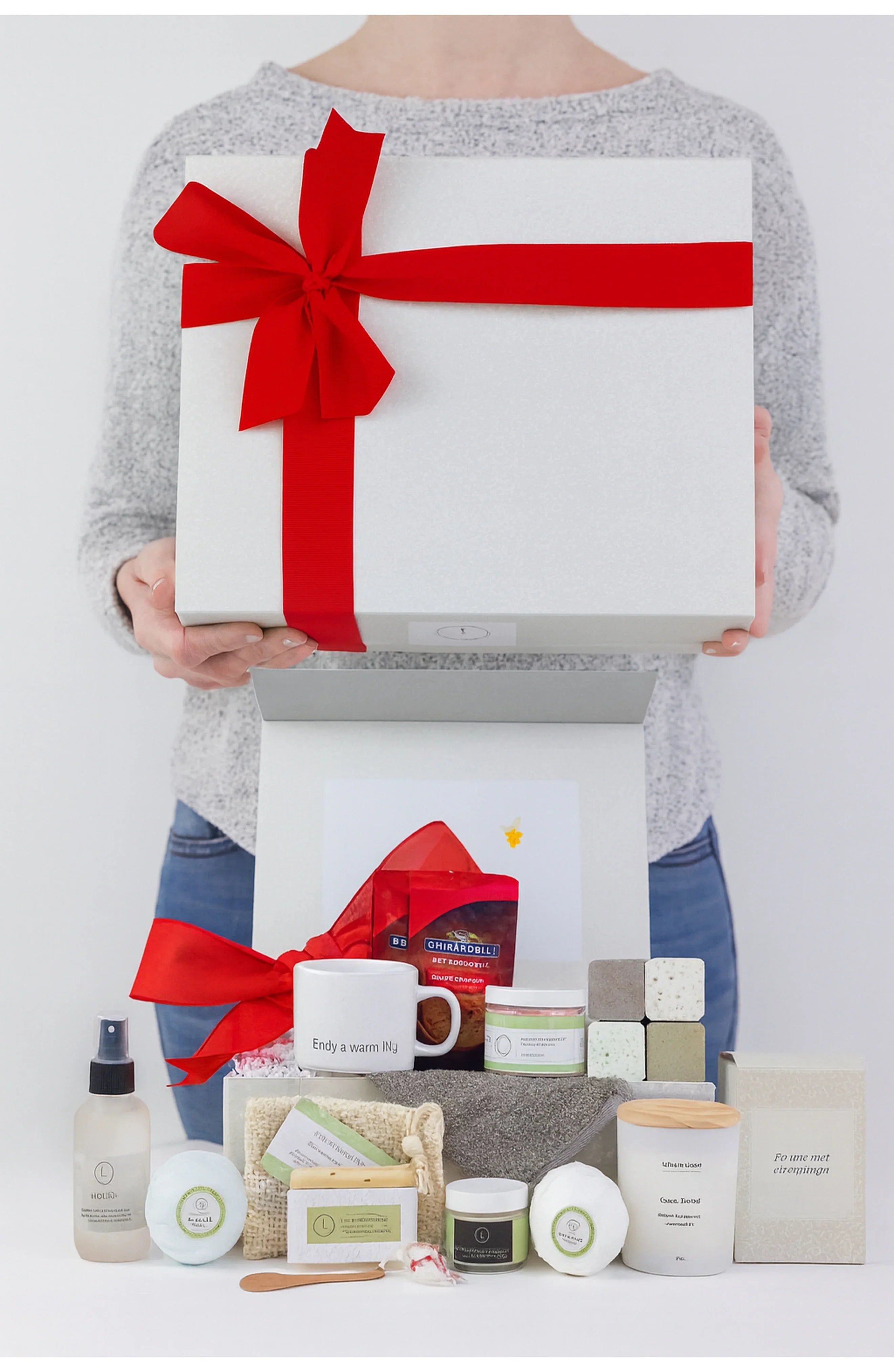 Person holding a white gift box with a red ribbon containing skincare and wellness products