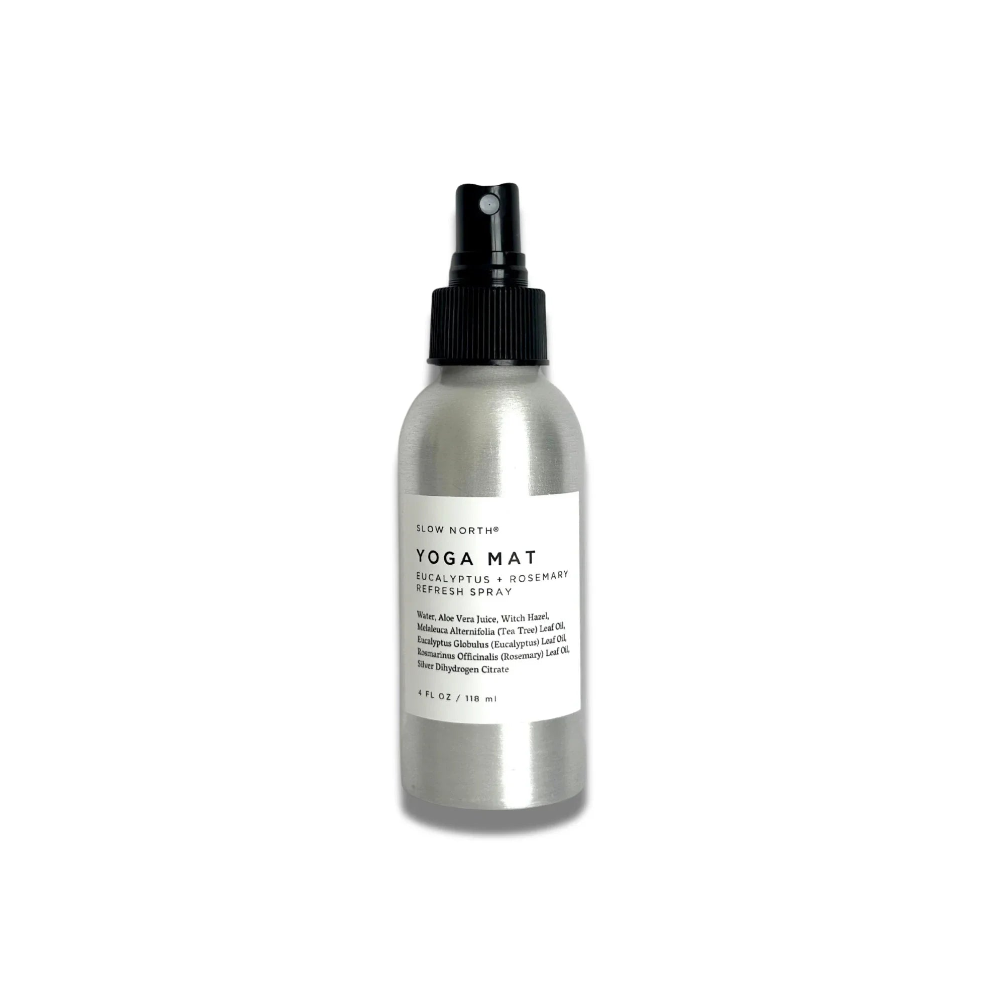 Silver spray bottle of Slow North yoga mat refresh spray with eucalyptus and rosemary