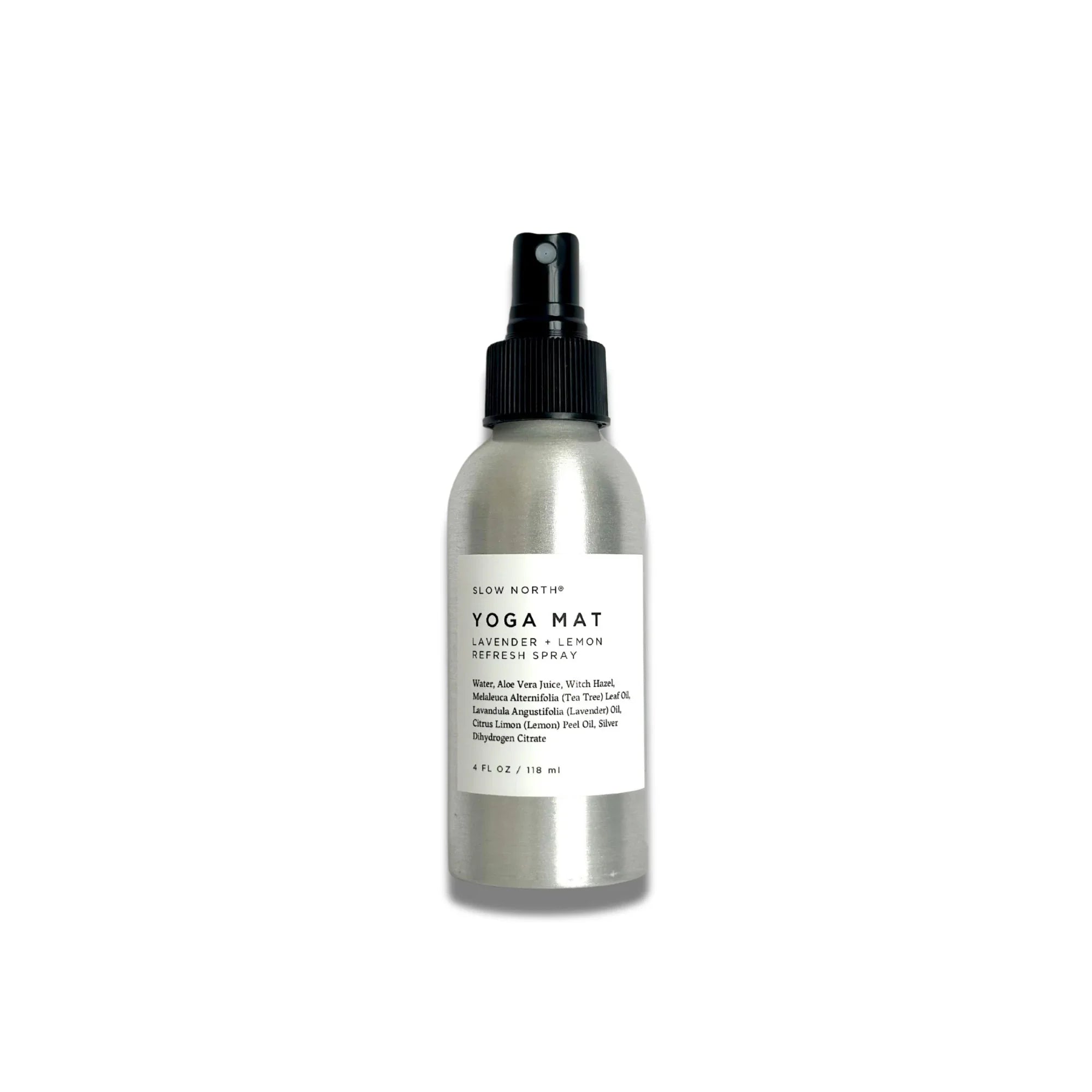 Silver spray bottle of Slow North Yoga Mat Lavender Lemon Refresh Spray on white background