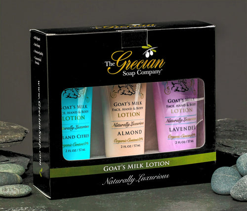 The Grecian Soap Company goat's milk lotion gift set with almond, lavender, and island citrus scents