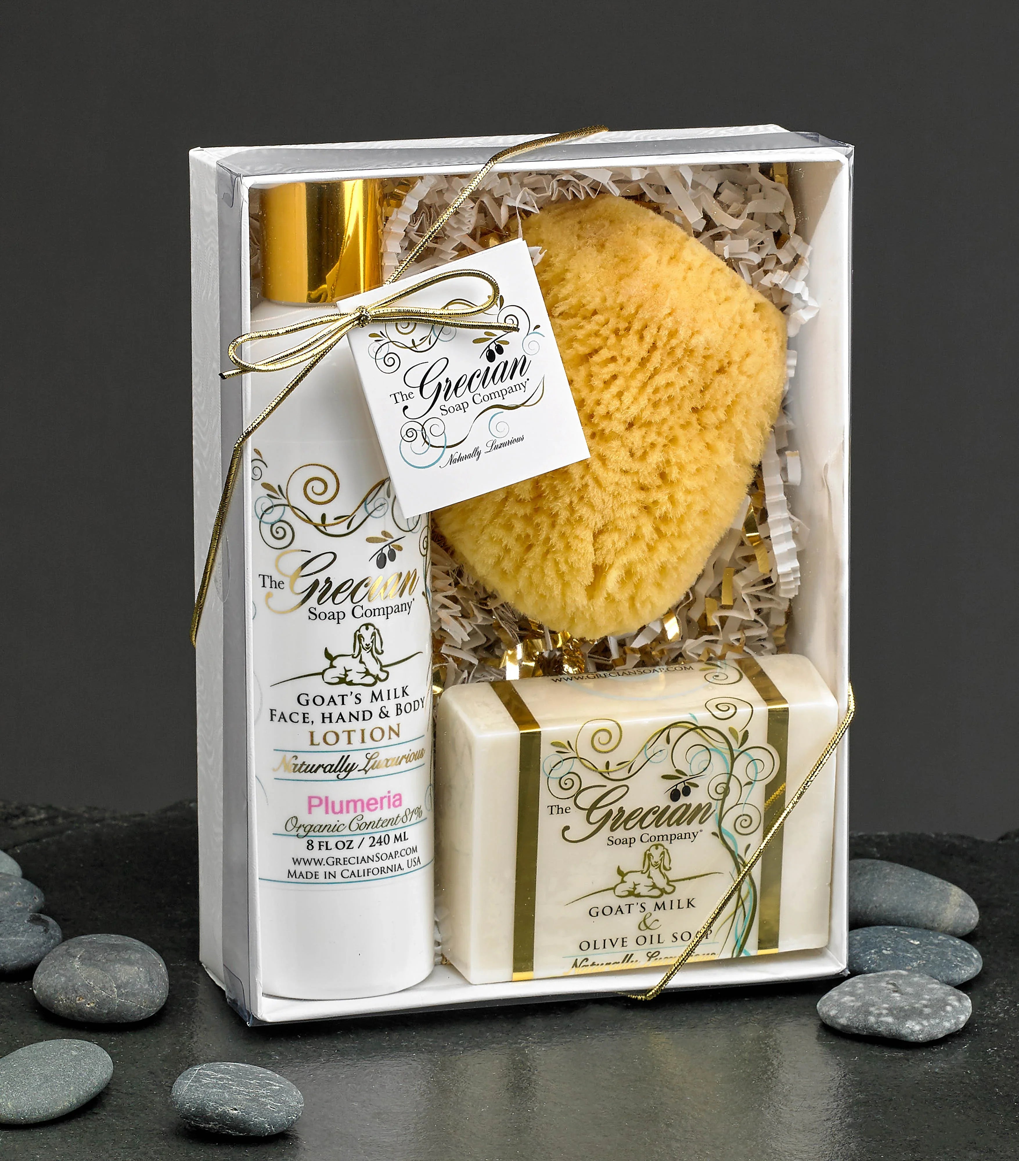 Grecian Soap Company gift set with goat's milk lotion, olive oil soap, and natural sponge