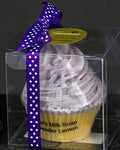 Lavender lemon goat's milk soap in cupcake shape, packaged in clear box with purple polka dot ribbon