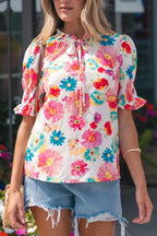 Floral Print Ruched Short Sleeve Blouse - Qu!rk Boutique