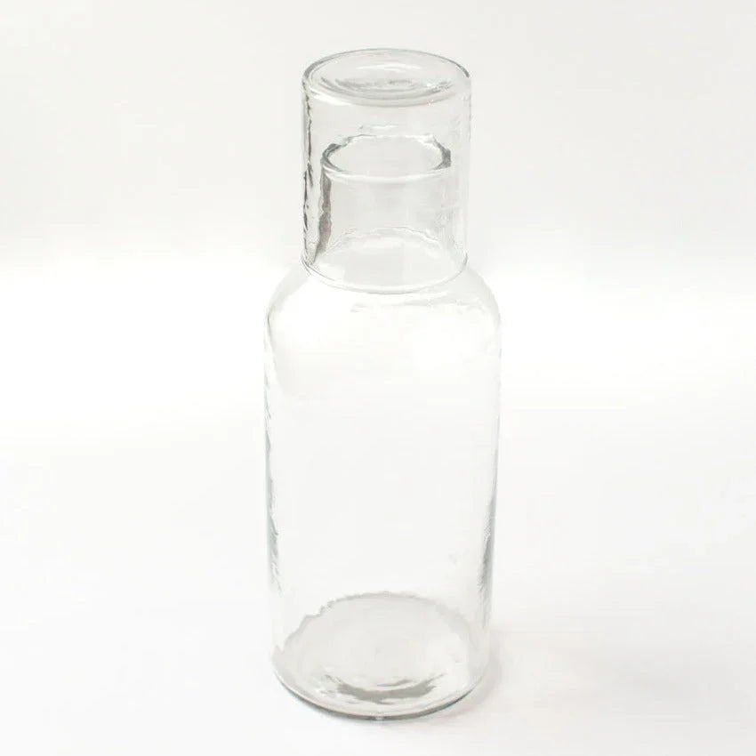 Clear recycled glass bottle with cup, sustainable home decor from Qu!rk Boutique