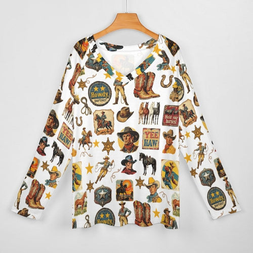 Baha Ranch Long Sleeve Vintage Cowboy Collage Top - Qu!rk Boutique
