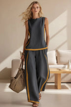 Full Size Contrast Stripe Sleeveless Top & Wide-Leg Pants Set Plus Size - Qu!rk Boutique