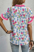 Floral Print Ruffle V-Neck Short Sleeve Loose Tunic Shirt - Qu!rk Boutique