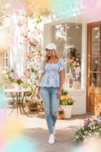 Floral Print Square Neck Ruffled Sleeve Shirred Babydoll Blouse - Qu!rk Boutique