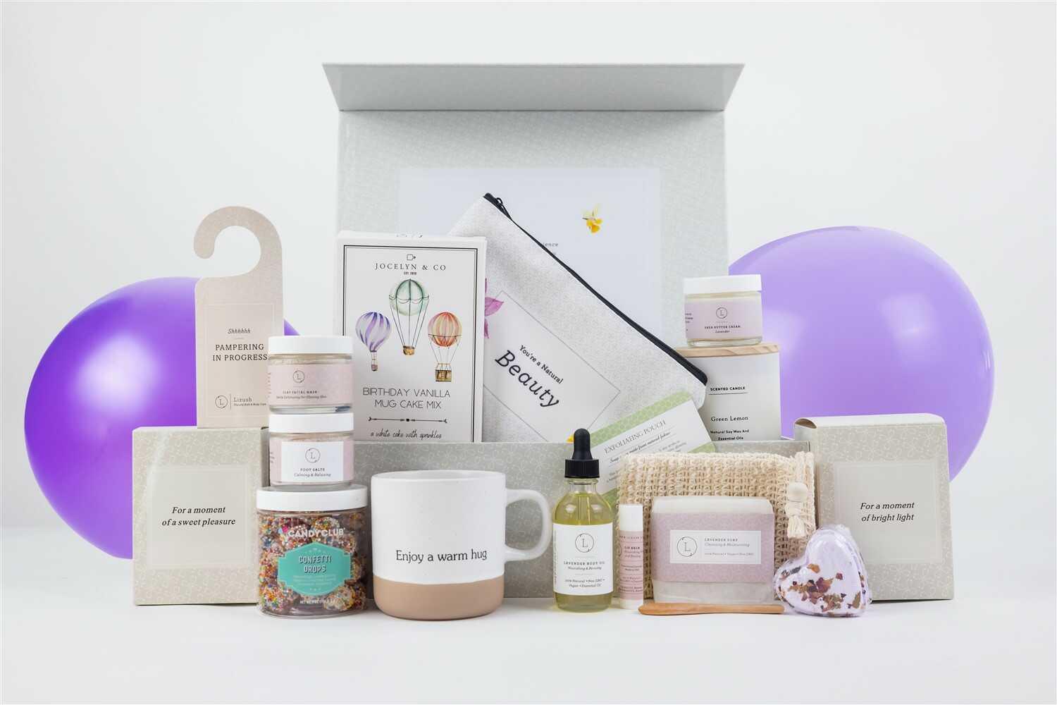All-natural lavender skin care gift box with bath essentials, mug, and purple balloons at Qu!rk Boutique