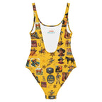 Baha Ranch Yeehaw Vintage Cowboy Collage Mustard One-Piece Swimsuit - Qu!rk Boutique