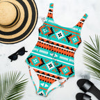 Baha Ranch Yeehaw Turquoise Orange Aztec One-Piece Swimsuit - Qu!rk Boutique