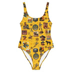 Baha Ranch Yeehaw Vintage Cowboy Collage Mustard One-Piece Swimsuit - Qu!rk Boutique