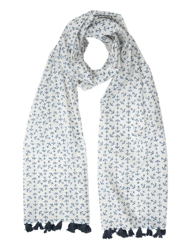 White scarf with blue anchor pattern and navy tassels, Qu!rk Boutique artist-designed accessory