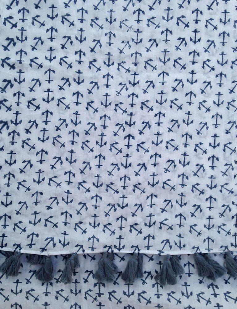 Blue anchor print scarf with tassels, artist-designed accessory from Qu!rk Boutique