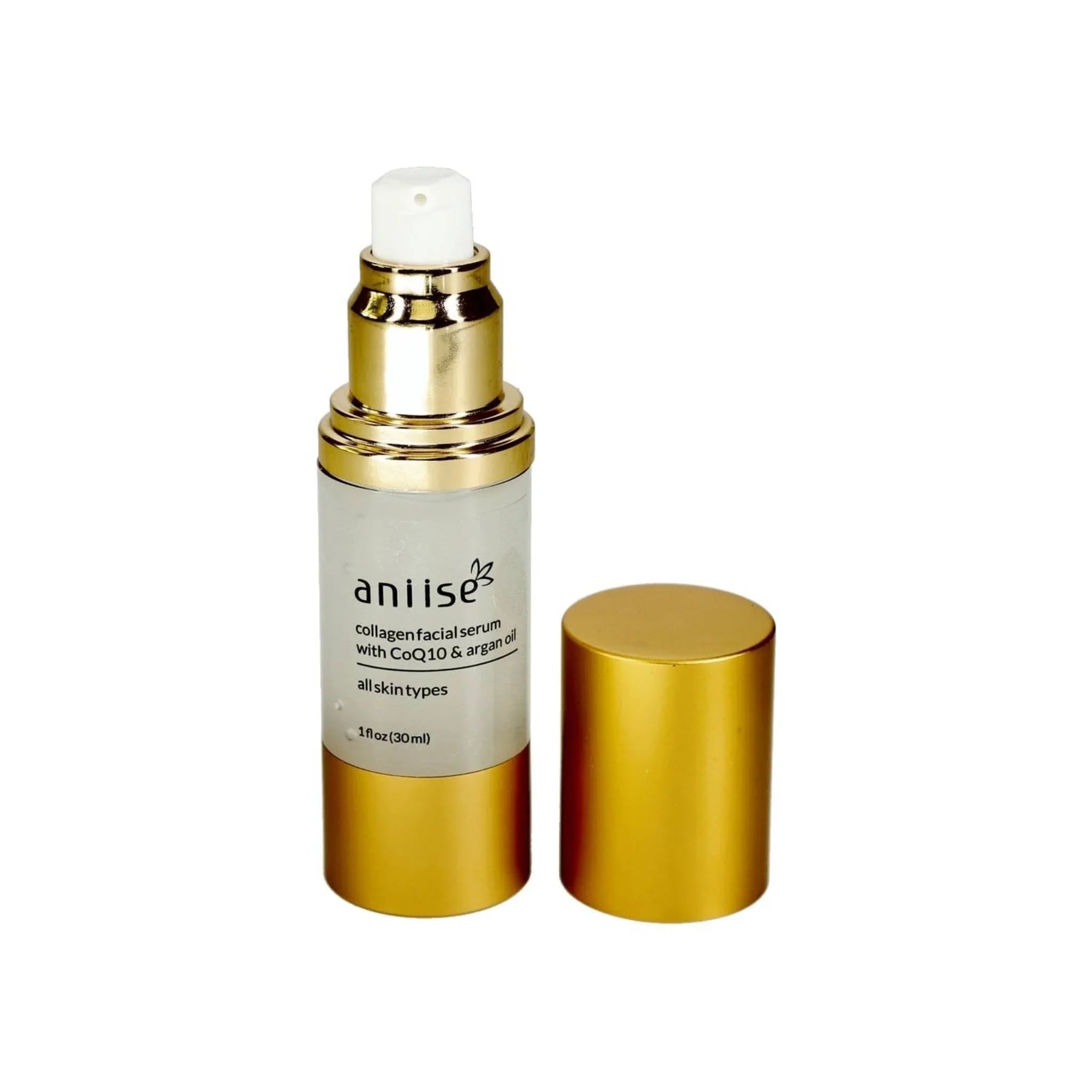 Aniise collagen facial serum with CoQ10 and argan oil in gold bottle at Qu!rk Boutique