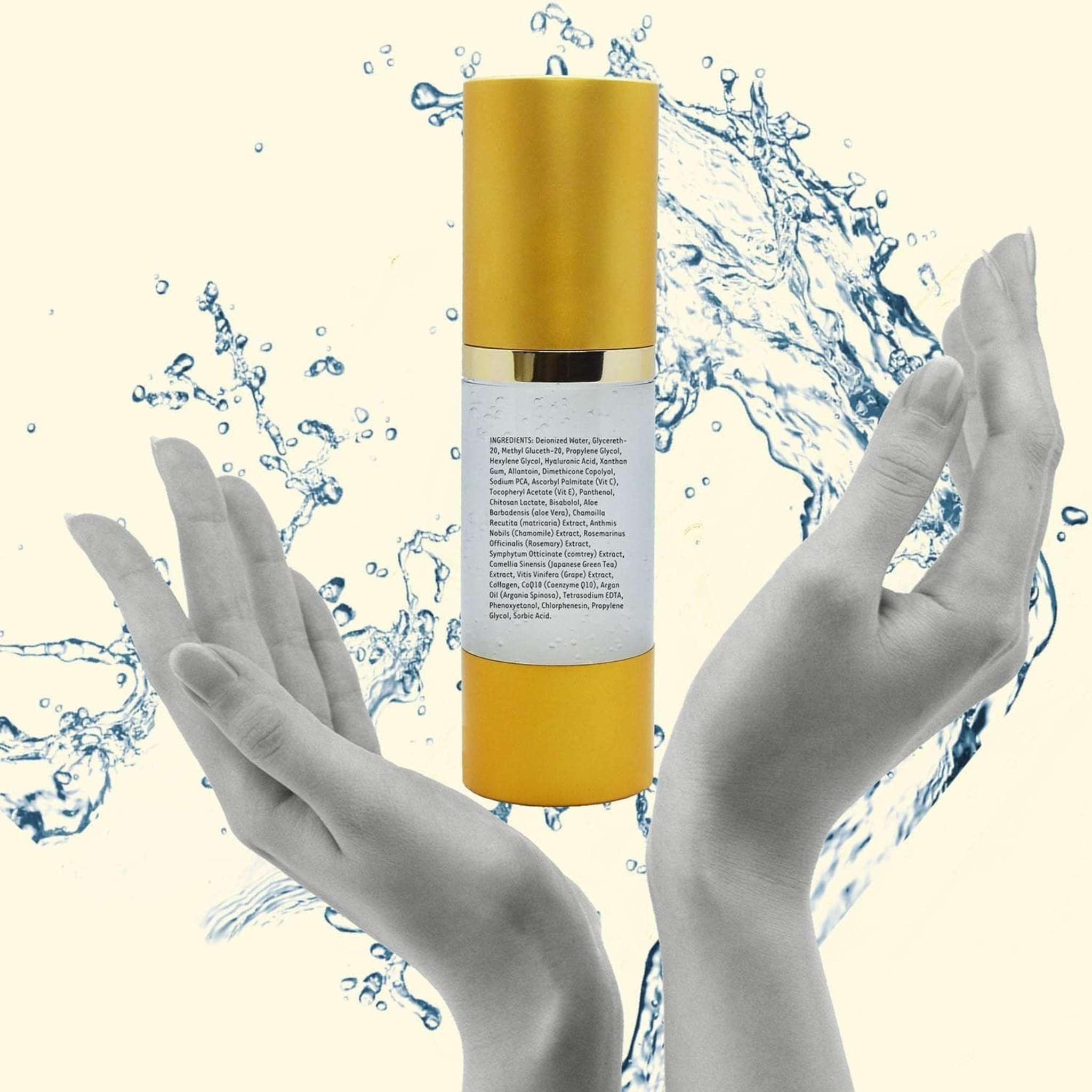 Anti-aging collagen facial serum bottle with gold cap, cupped hands, and water splash background.