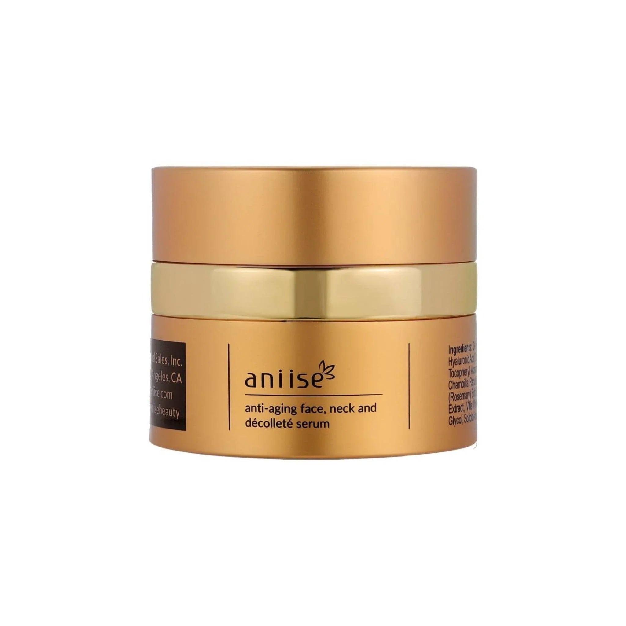 Aniise anti-aging face, neck and décolleté serum in gold jar, skincare at Qu!rk Boutique