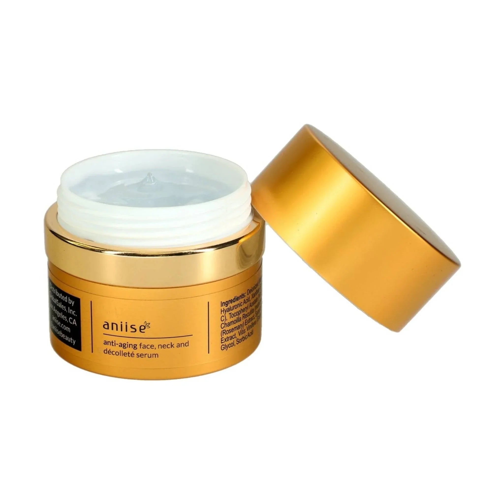 Aniise anti-aging face, neck and décolleté serum in open gold jar, Qu!rk Boutique skincare