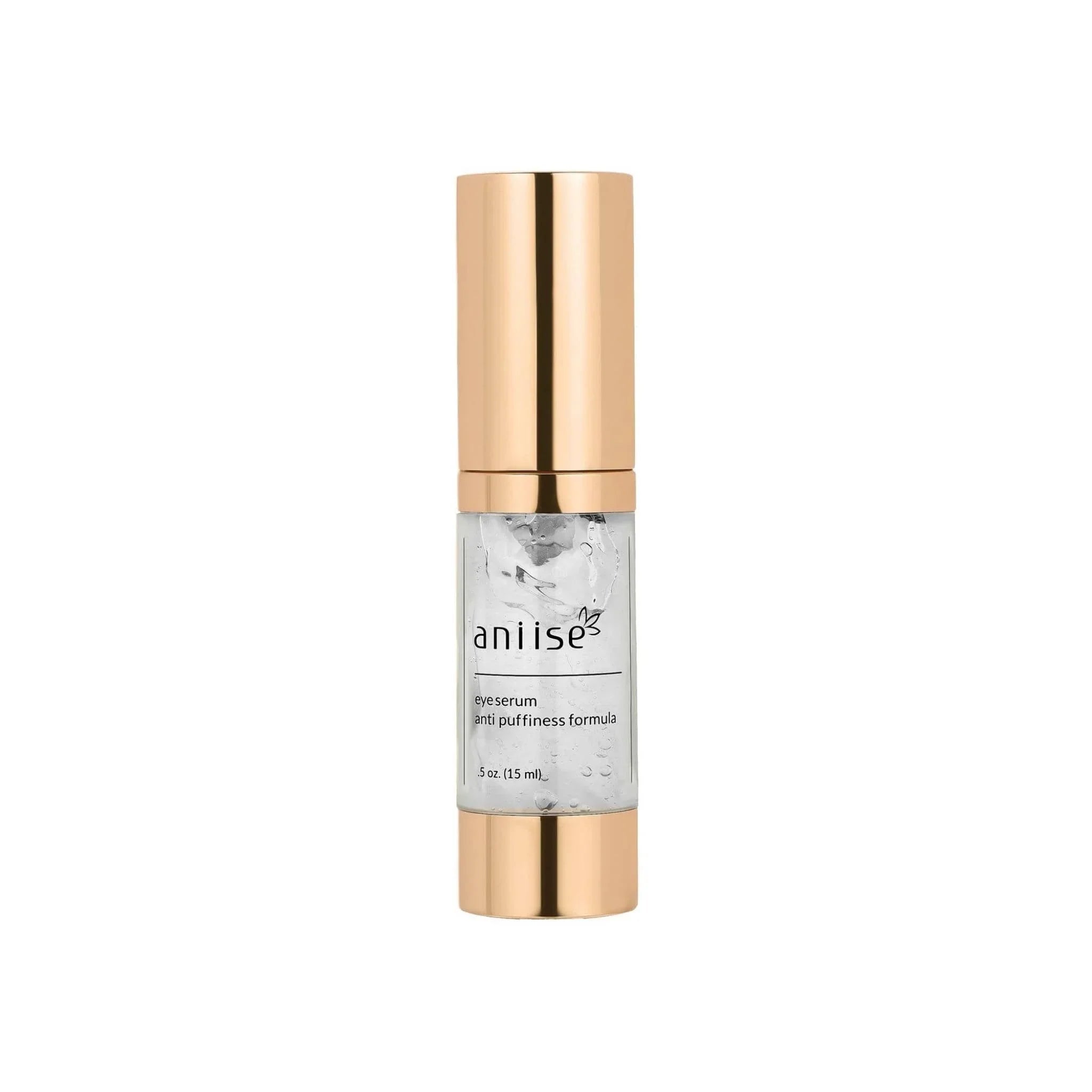 Aniise anti-puffiness eye serum with gold cap, clear bottle, minimalist packaging